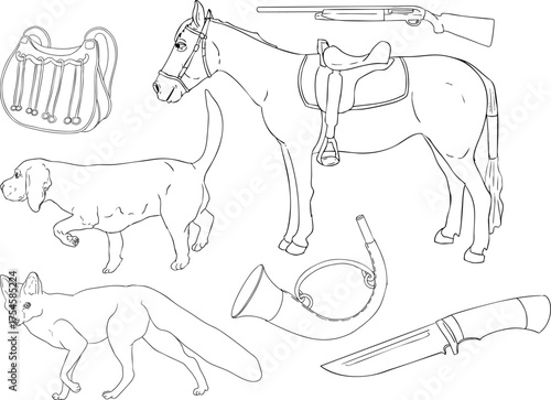 A line drawing of hunting gear and animals horse, dog, fox, rifle, knife, horn, pouch, jacket, hat, boots, and saddle perfect for coloring pages with traditional hunting themes.