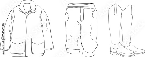 A line drawing of hunting attire plaid jacket, trousers, and tall boots deal for coloring pages with traditional hunting themes and detailed outlines.
