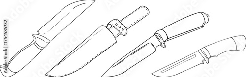 A line drawing of four hunting knives with distinct handles, ideal for coloring pages with traditional hunting themes and detailed outlines.