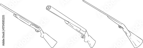 A line drawing of three rifles shotgun, rifle, and long gun deal for coloring pages with traditional hunting themes and detailed outlines.