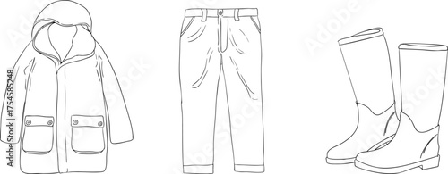 A line drawing of hunting attire plaid jacket, trousers, and tall boots deal for coloring pages with traditional hunting themes and detailed outlines.