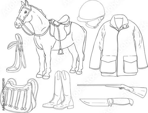 A line drawing of hunting gear and animals horse, dog, fox, rifle, knife, horn, pouch, jacket, hat, boots, and saddle perfect for coloring pages with traditional hunting themes.