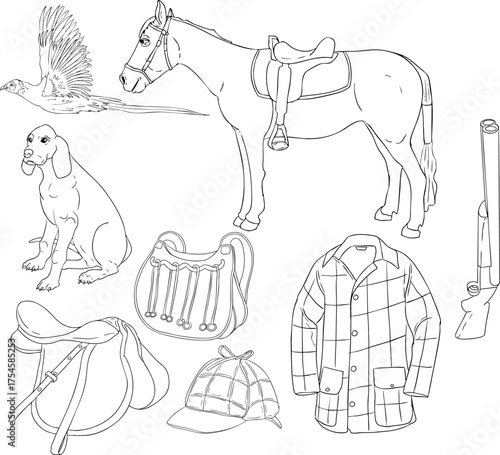 A line drawing of hunting gear and animals horse, dog, fox, rifle, knife, horn, pouch, jacket, hat, boots, and saddle perfect for coloring pages with traditional hunting themes.