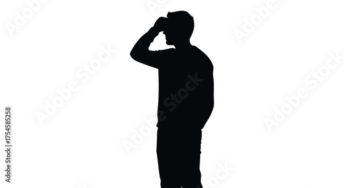 Silhouette of a person looking through binoculars or a telescope against a white background