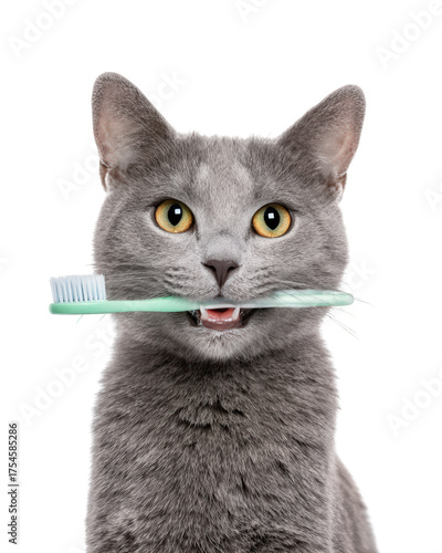 Short haired gray cat with bright yellow eyes holds toothbrush between its teeth, exuding playful and curious expression. This charming feline captures attention with its unique pose