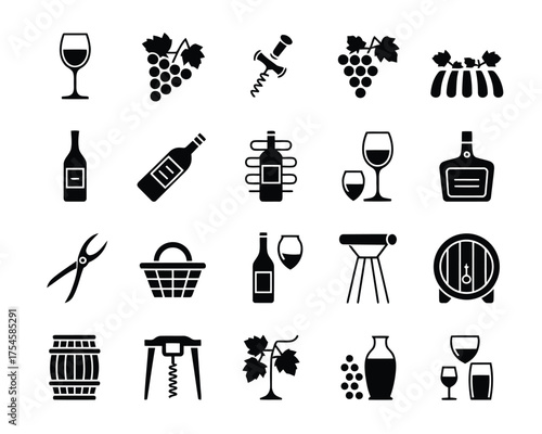 Vector illustration of set of black and white icons related to wine and winemaking