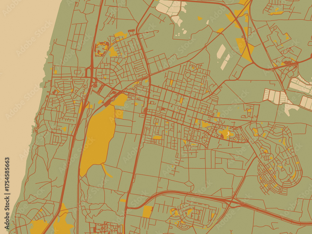 Fototapeta premium Poster-ready flat map of Hadera, Israel, earthy sage background with rust roadways and ochre details.