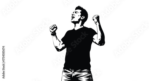 Silhouette of Excited Man Celebrating Victory on White Background