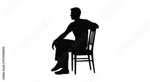 Silhouette of a person sitting on a chair, profile view, isolated on a white background