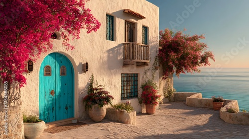 traditional whitewashed Mediterranean house featuring vibrant turquoise shutters and colorful flowers under a clear blue sky traditional houses in burano island venice italy