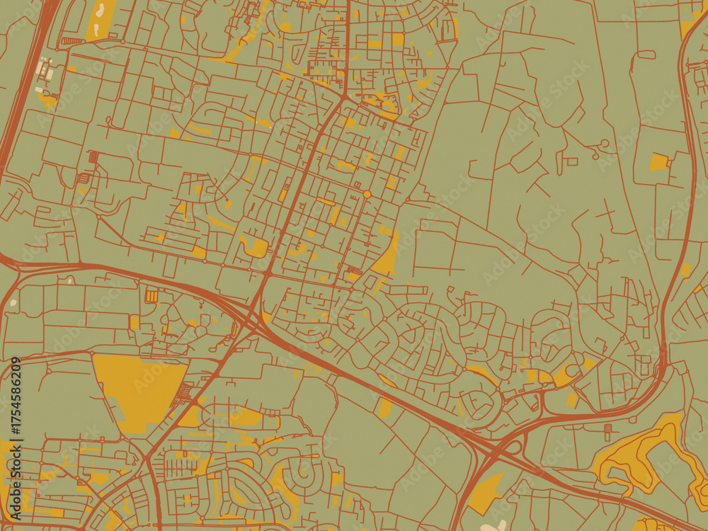 Obraz premium Graphic flat color map of Ramat HaSharon, Israel in muted sage base, rust-colored roads, and soft ochre highlights.