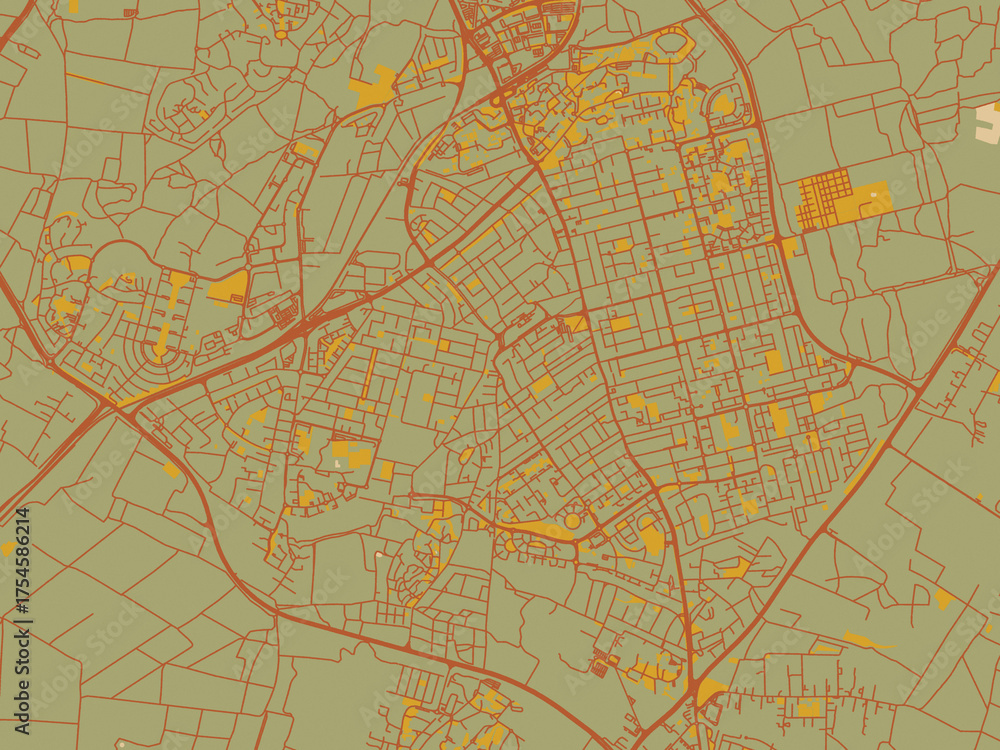 Obraz premium Vector-style flat map of Rehovot, Israel with olive backdrop with warm rust street network and ochre blocks.