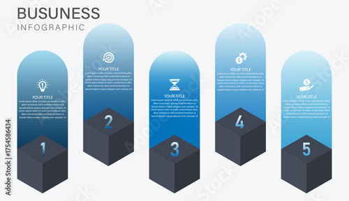 5 Steps Business Infographic, Modern Business Timeline Template, Blue Gradient Infographic Design, Step-by-Step Business Process, Corporate Strategy Infographic, Marketing Plan Infographic Layout, Bus