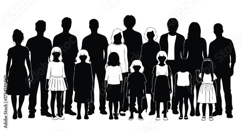 Diverse group of people of varying ages and sizes standing together in a silhouette illustration