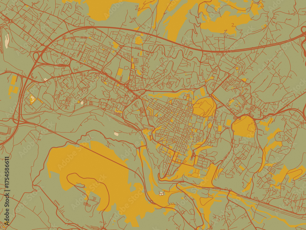 Fototapeta premium Abstract flat-design map of Aquila, Italy, featuring olive backdrop with warm rust street network and ochre blocks.
