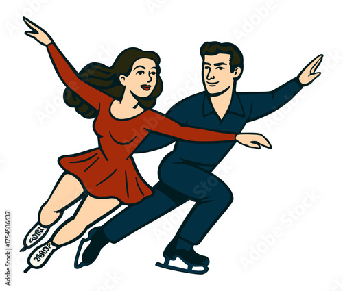 Figure skating couple. Vector isolated illustration in retro style.