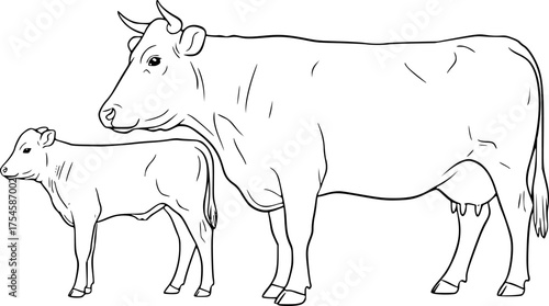 
Cow calf drawing. It is a simple, black and white outline sketch of an adult cow and a calf standing together. Vector sketch line art draw