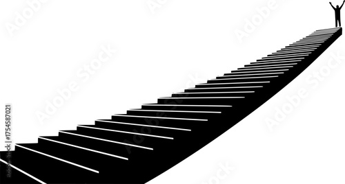 Stairway silhouette. The image depicts a black silhouette of stairs leading upwards to a figure at the top, symbolizing a journey. Vector clipart illustration design