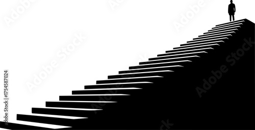 Stairway silhouette. The image depicts a black silhouette of stairs leading upwards to a figure at the top, symbolizing a journey. Vector clipart illustration design