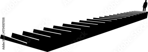Stairway silhouette. The image depicts a black silhouette of stairs leading upwards to a figure at the top, symbolizing a journey. Vector clipart illustration design
