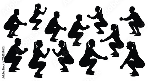 Group Fitness People Doing Squats in Silhouette
