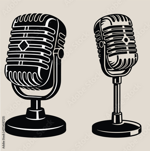 Microphones vector, vintage retro audio sound recording podcast broadcast studio music voice stage