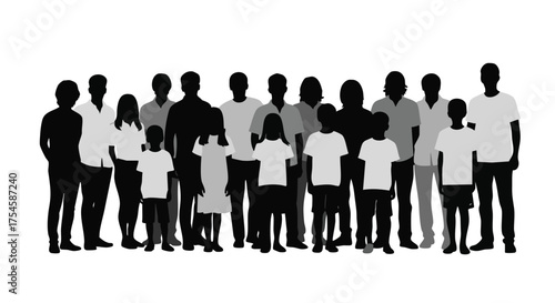 A diverse group of people of various ages and sizes stand together, representing unity and community