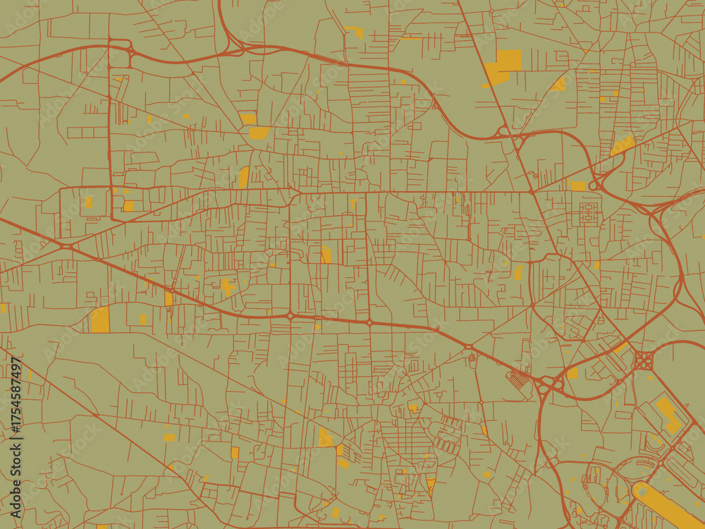 Obraz premium Contemporary flat map of Giugliano in Campania, Italy design with sage/olive tone field with rust networks and ochre shapes, cream water.