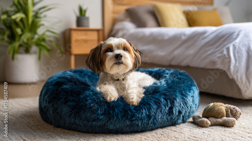 A small dog resting on a fluffy blue pet bed in a modern bedroom, showcasing a cozy and stylish atmosphere.