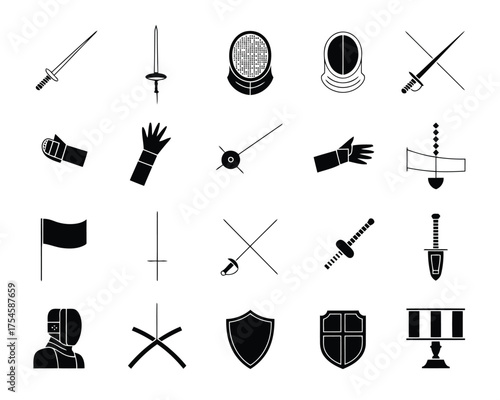 Vector illustration of fencing equipment and combat icons