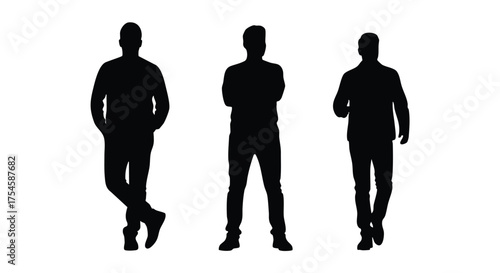 Silhouette of a man in three different poses against a white background for design and branding