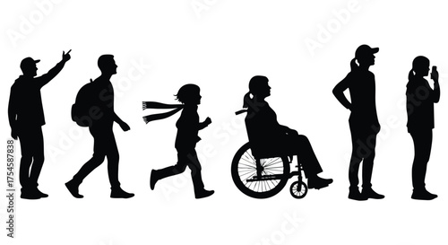 Diverse group of people represented by silhouettes, including a man, a child running, and a person in a wheelchair