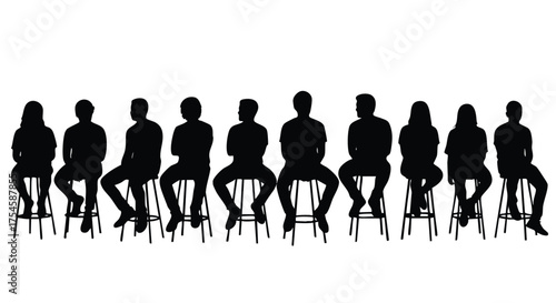 Silhouettes of Individuals Seated on Stools A Monochrome Depiction of Collective Presence