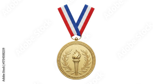 Gold medal with torch and ribbon isolated PNG with Transparent Background