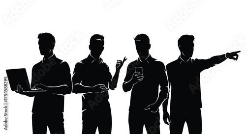 Four men in silhouette, each holding a device or pointing, representing business and technology concepts