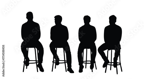 Four Silhouetted Figures Seated on Stools A Study in Anonymous Group Dynamics and Composition