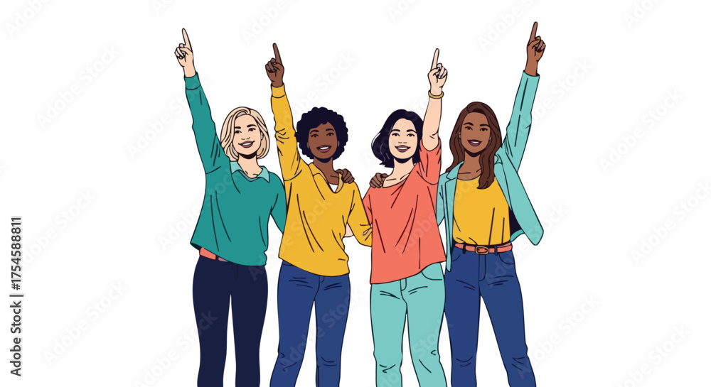 Fototapeta premium Empowered Women Diverse Group Pointing Upward Together, Celebrating Achievement