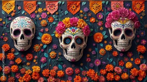 A Vibrant Altar for Día de los Muertos with Sugar Skulls and Marigolds