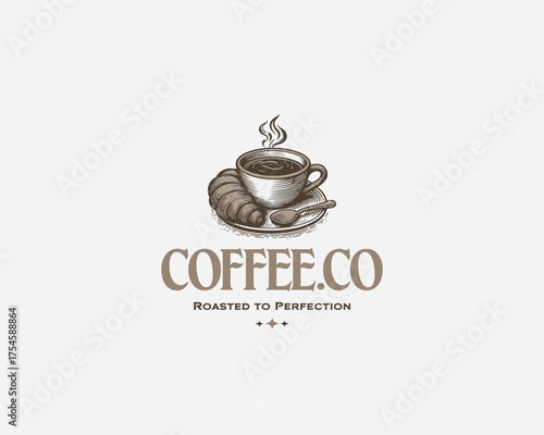 vintage a cup of coffee with croissant bakery coffeeshop logo template
