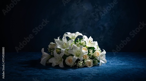 Elegant White Lily and Rose Floral Arrangement on a Dark Blue Background