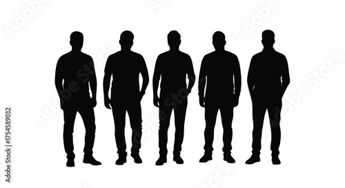 Silhouette of five men standing side by side, showcasing diverse body shapes and attire in black color