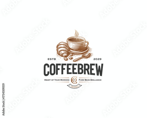 vintage a cup of coffee with croissant bakery coffeeshop logo template