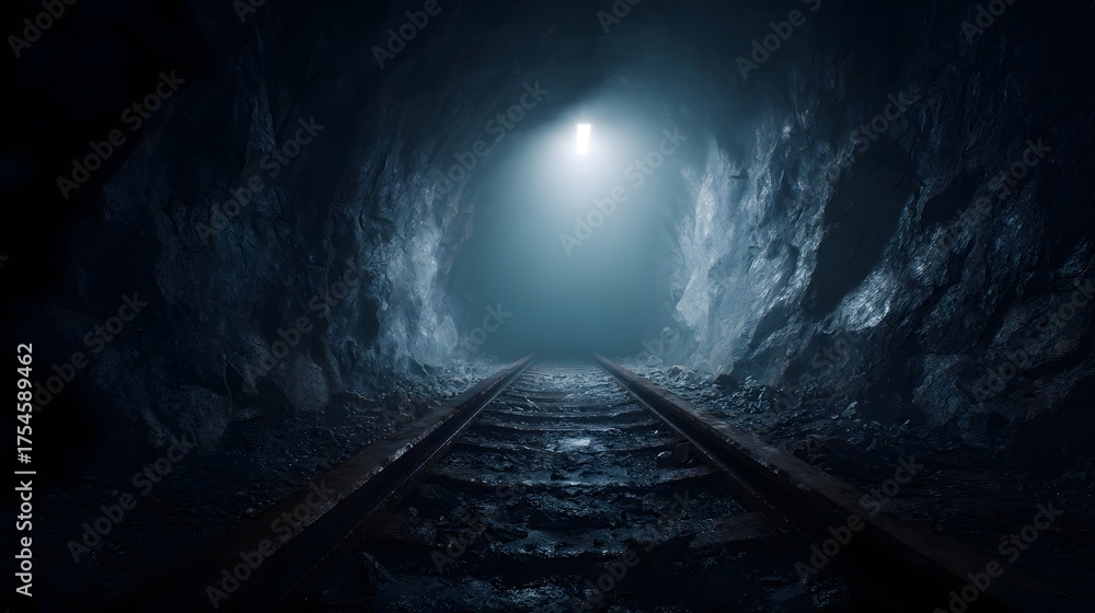 Naklejka premium Dark mine tunnel with railway tracks leading towards a distant bright light
