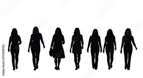 Silhouette of women Diverse women walking, side-by-side, in black