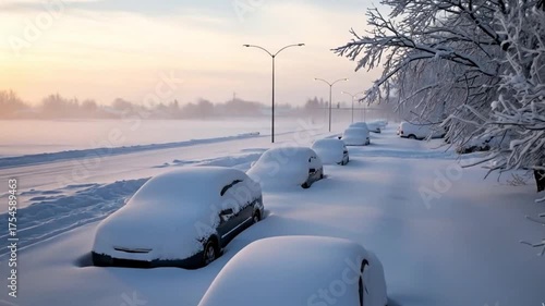 Snow-covered cars, tranquil, parked on a street, cold winter morning
