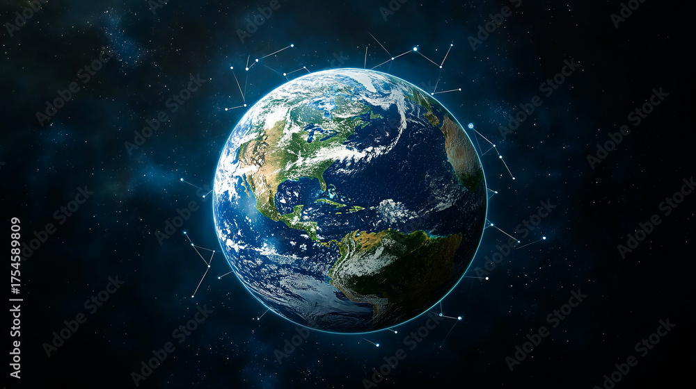 Fototapeta premium Digital World Globe with Connected Dots Representing Global Network and Communication — Planet Earth on Dark Background with Copy Space, Technology and Internet Concept