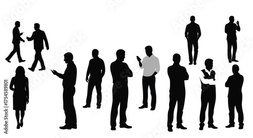 Diverse group of people in silhouette, representing communication, connection, and modern life, captured in a minimalist style