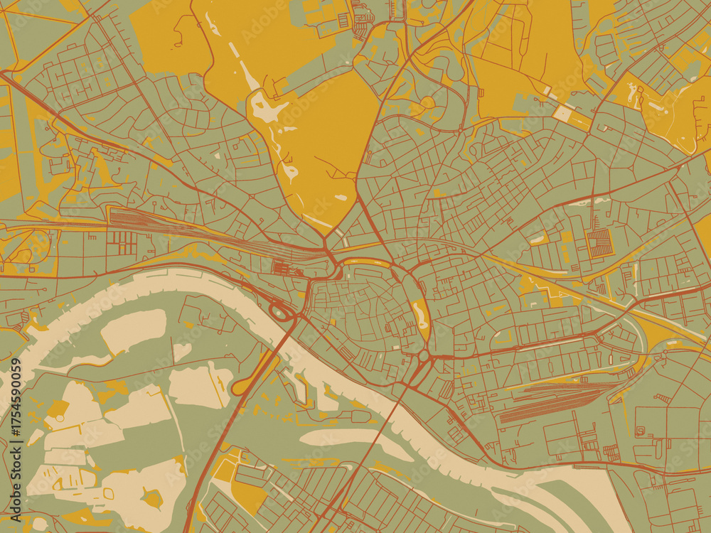 Obraz premium Decorative flat city map of Arnhem, Netherlands using sage/olive tone field with rust networks and ochre shapes, cream water.