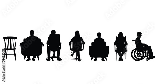 Silhouettes of various chairs and people in seated positions, including a person in a wheelchair, illustrating diversity in seating and accessibility