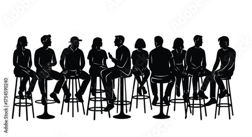 People in Conversation Silhouette Group on Stools, Gathered in Discussion